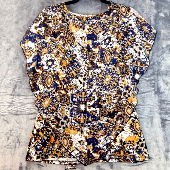 Notations Shirt Womens Medium Boho Floral Abstract Print Keyhole Blouse Top - Picture 2 of 7